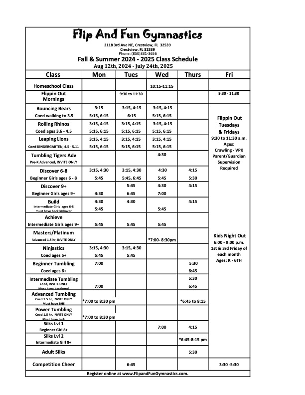FALL 2024-2025 SCHEDULE FOR FLIP AND FUN GYMNASTICS